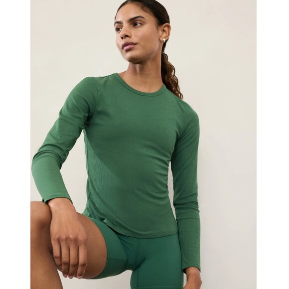 Athleta Signature Rib Longsleeve Crew Shirt Size Small in Color Trillium Green - Picture 1 of 8